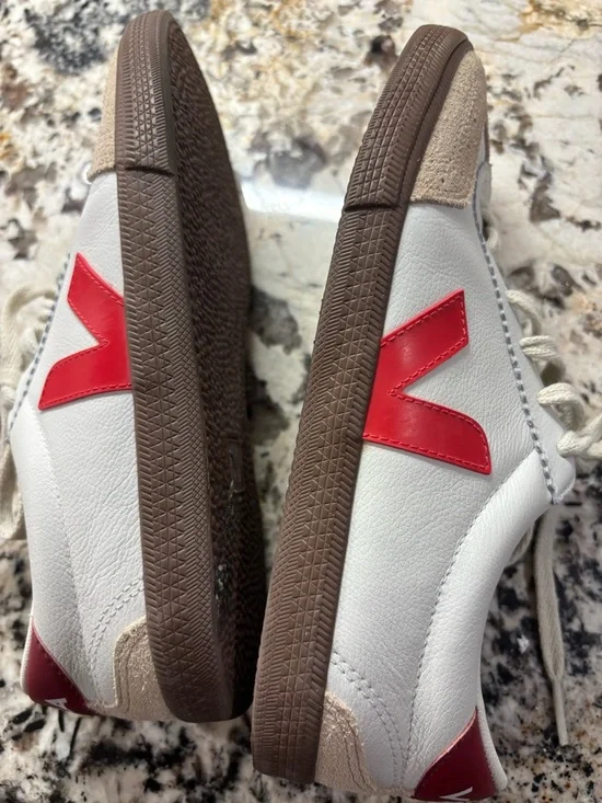 Veja Low-Top Leather Sneakers in White with V and Red Heel Tab Beige Suede - Picture 10 of 10